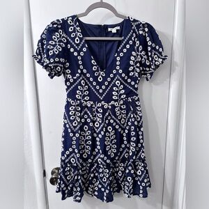 Miami Navy A-line with White Lace Eyelet Bubble Sleeve Mini Dress